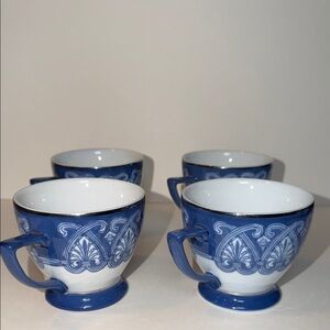 Bombay Co Set 4 Blue White Arabesque Tile Coffee Tea Cups Silver Trim EUC Vntg